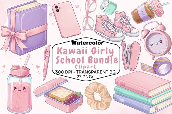 Download Watercolor Kawaii Girly School Clipart - Girly Collection